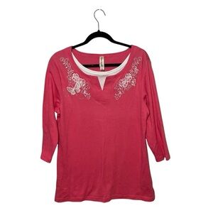 Pink Floral Embroidered 3/4 Sleeve Top — Size Large